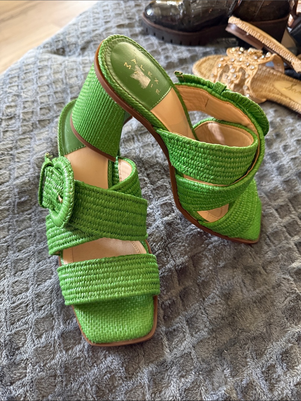 Malone Souliers Bright Green Woven Buckle Block Heel Mules